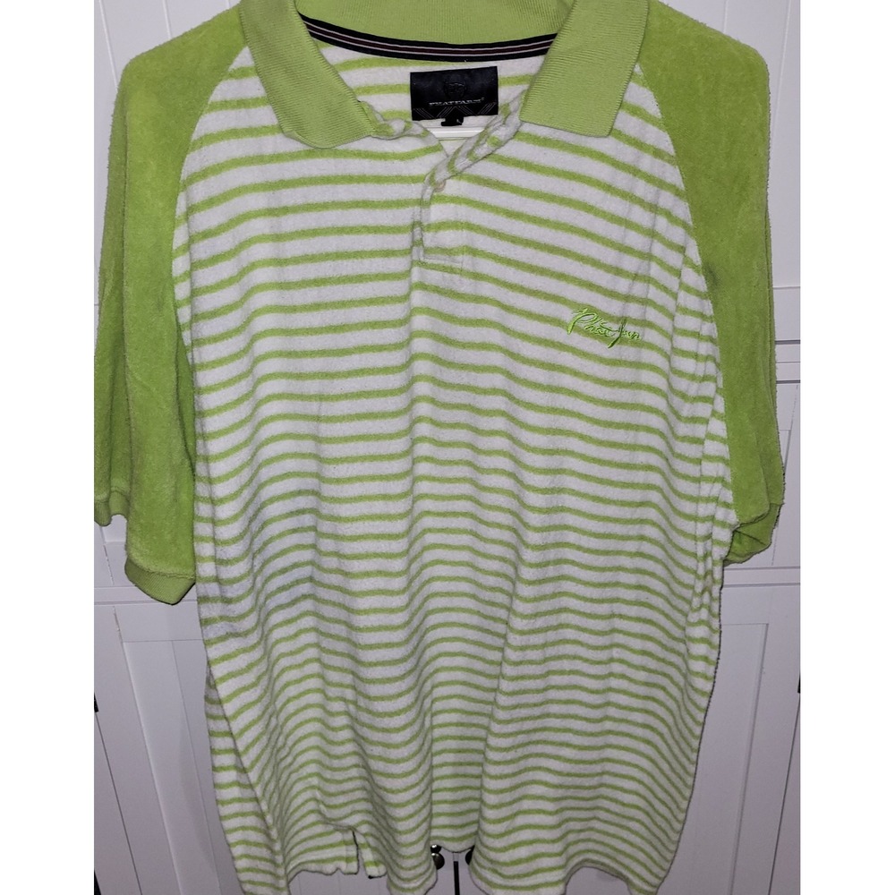 Mens Phat Farm Vintage‎ Terry Cloth Striped Polo Shirt Lime Green White XL